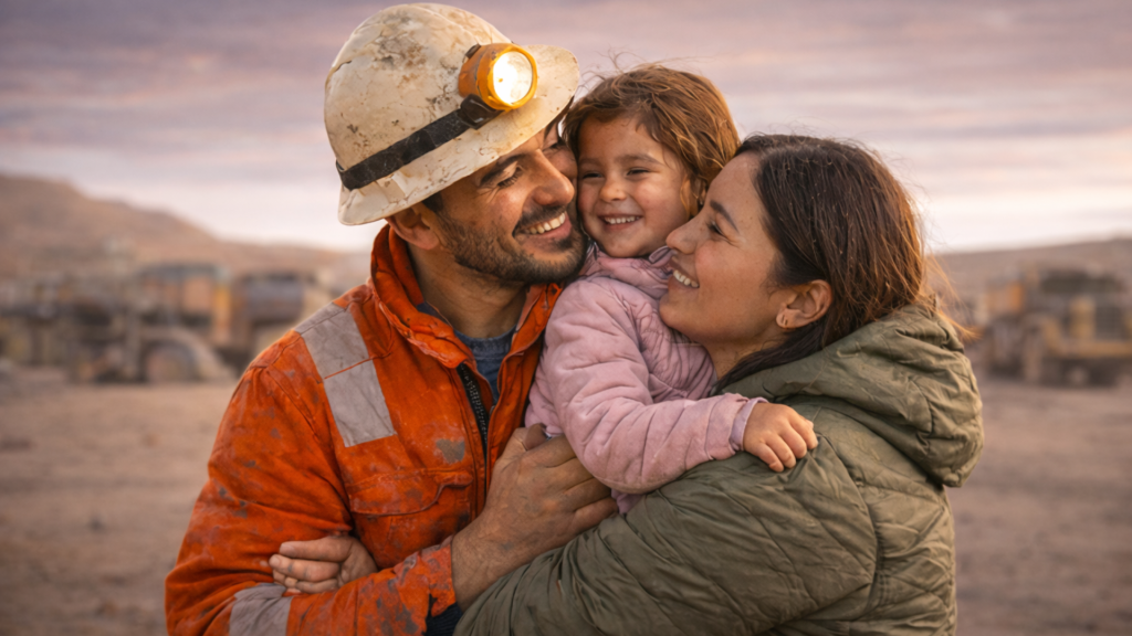 Minero abrazando a su hija y pareja en faena minera al atardecer