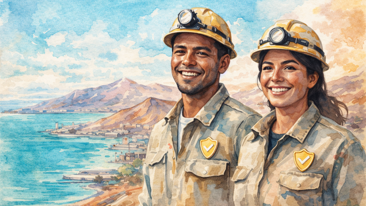 Minero y minera chilenos con escudo de seguridad en sus uniformes, frente al paisaje costero de Antofagasta, ilustración estilo acuarela.