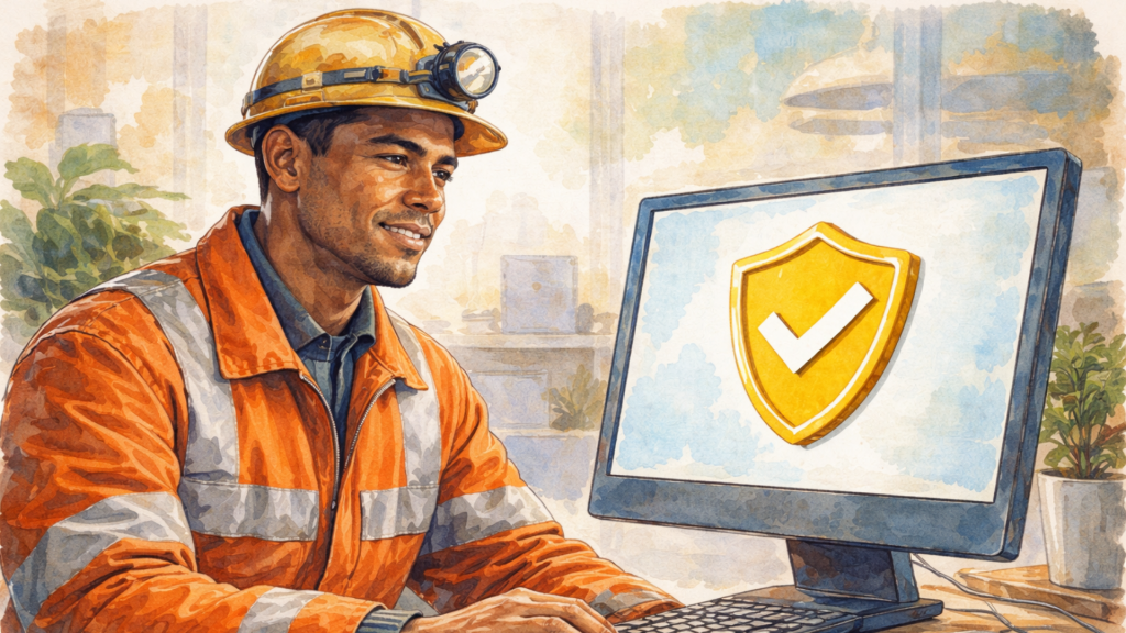 Trabajador minero chileno con uniforme de seguridad naranja contratando seguro digital en computador, ilustración estilo acuarela.