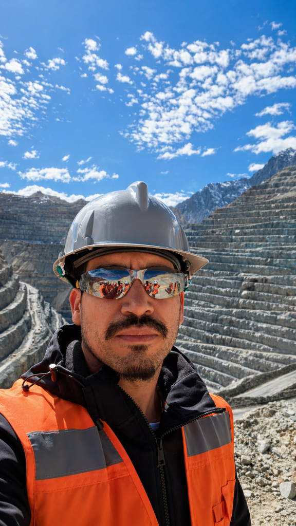 Nicolás Muñoz en faena minera a cielo abierto en Chile, con casco y lentes de seguridad, observando una mina de cobre