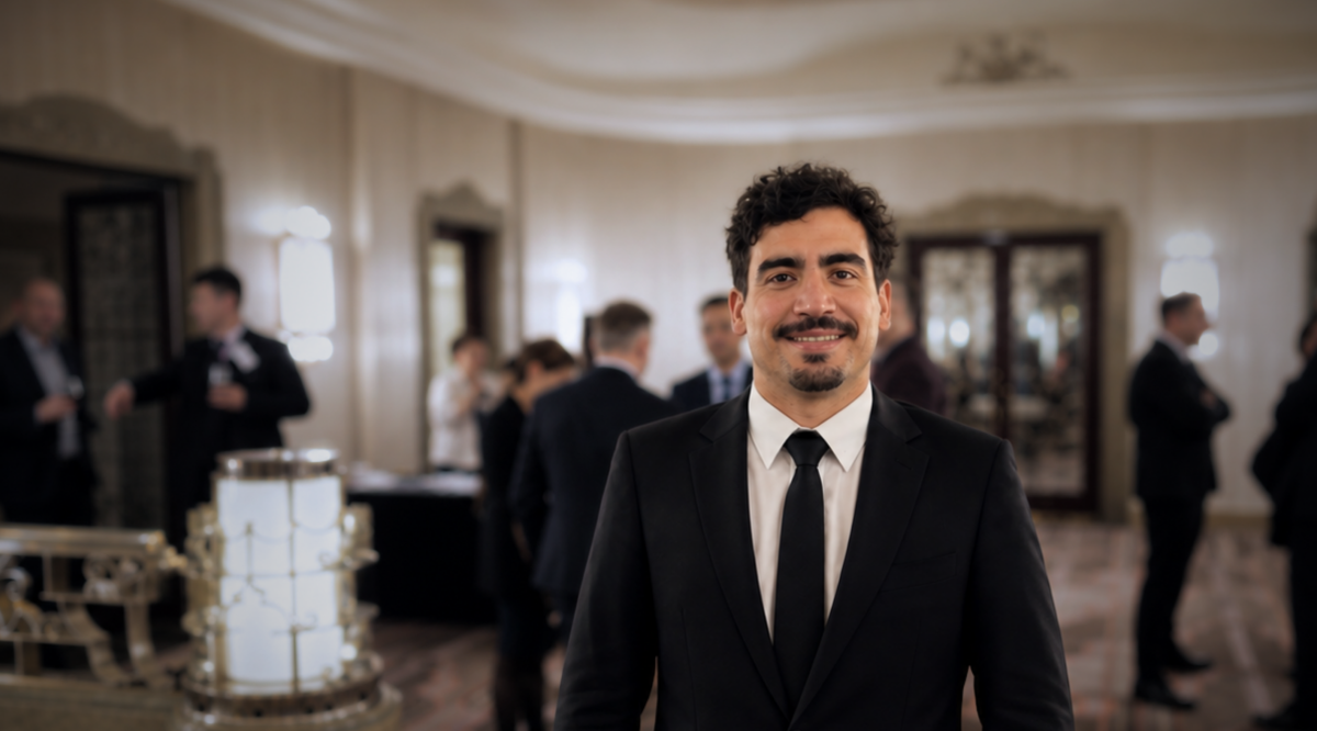Nicolás Muñoz Valdés, analista de minería, en evento internacional del sector minero, con traje formal en contexto profesional