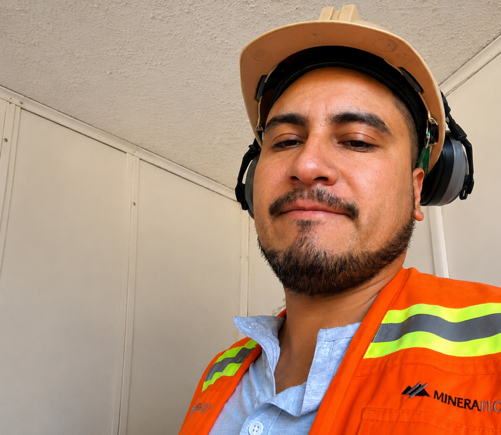 Patricio Pereira, Geólogo Senior, utilizando casco de seguridad y protección auditiva durante una jornada de trabajo en una operación minera chilena.