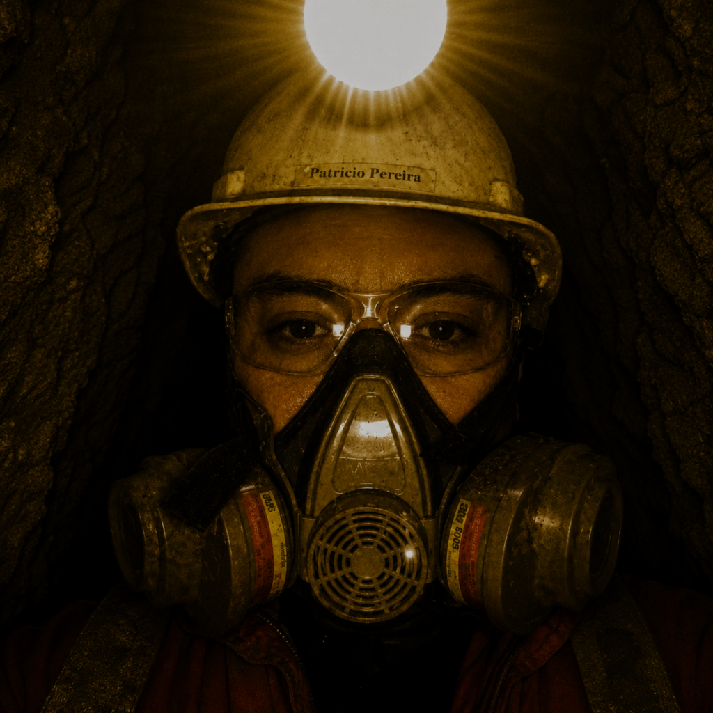 Patricio Pereira, Geólogo Senior, durante una jornada de trabajo subterráneo utilizando equipo de protección respiratoria en una campaña de exploración minera en Chile.