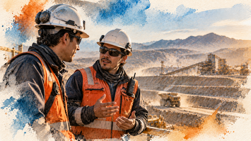 Dos trabajadores conversan en una faena minera, representando la formación técnica, el talento local y los desafíos de capital humano de la minería en Tarapacá.