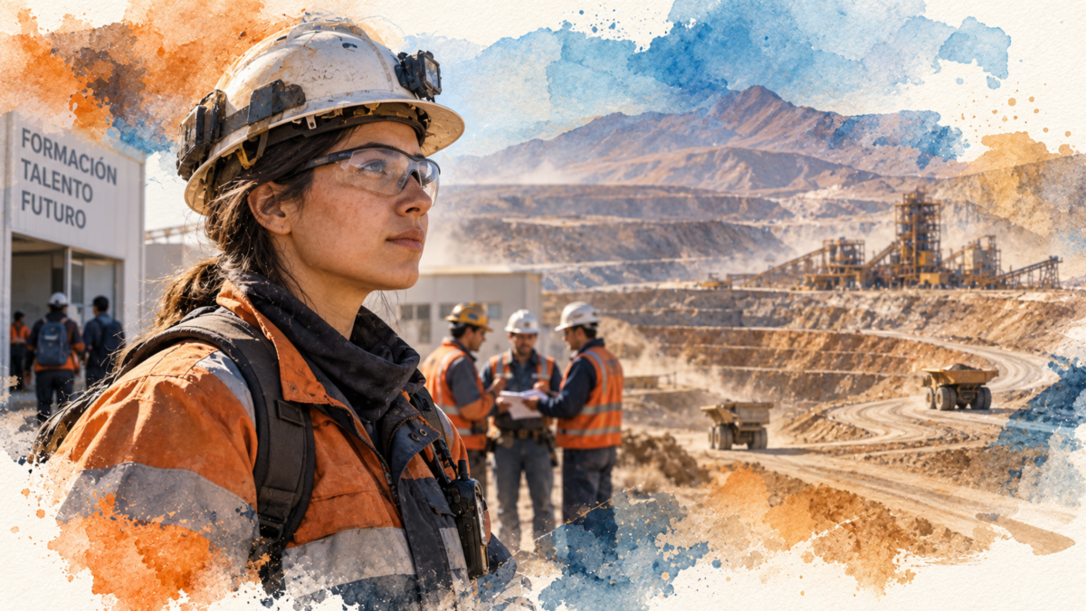 Dos trabajadores mineros conversan en una faena, representando el desafío de conectar formación técnica, talento local y empleo en la minería de Tarapacá.