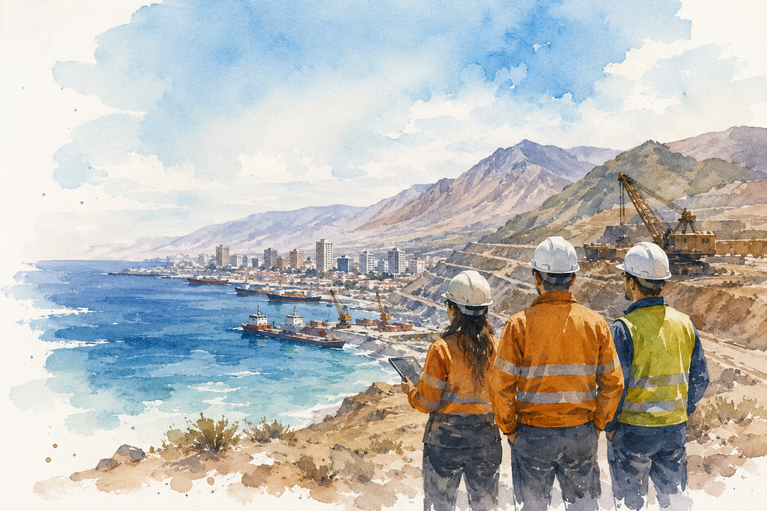 Ilustración en acuarela de trabajadores y proveedores observando la actividad minera y portuaria de Antofagasta, en el norte de Chile.
