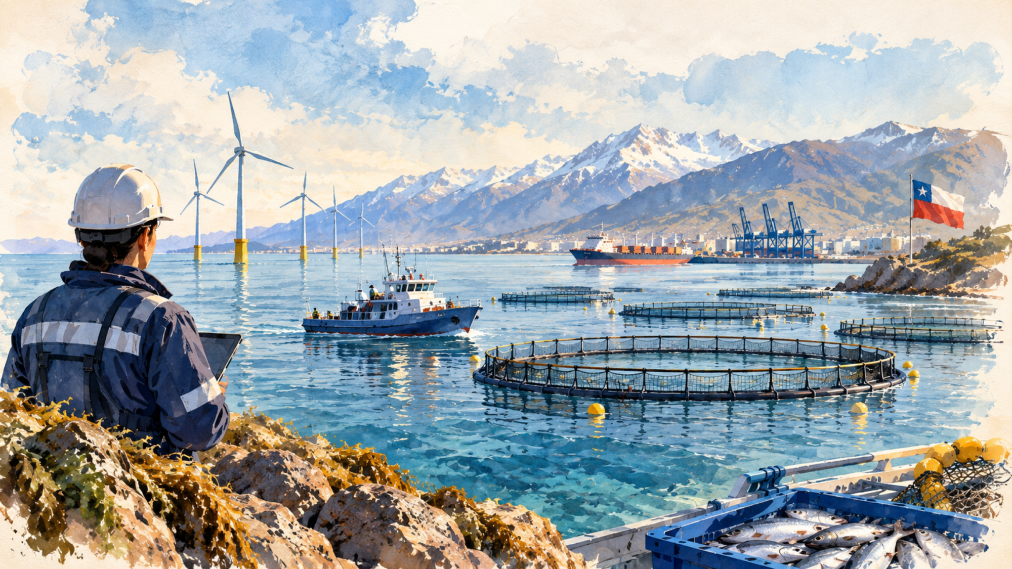 Ilustración en acuarela sobre innovación oceánica y economía azul en Chile